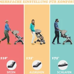 Kinderwagen faltbar Reisebuggy mit verstellbarem Rückenlehne & Verdeck Babywagen mit Becherhalter Grau