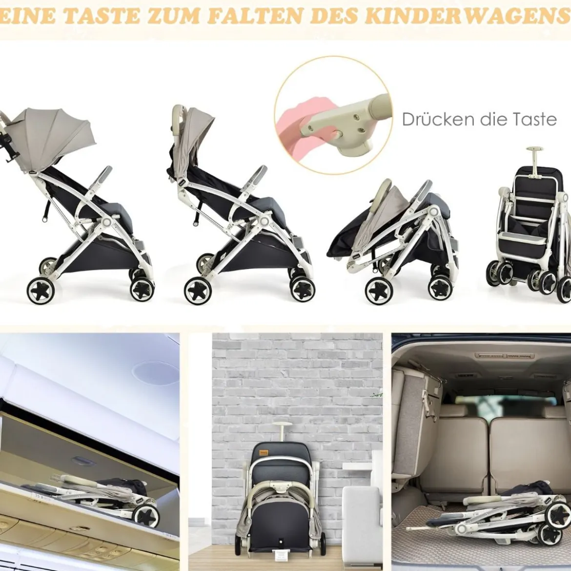 Kinderwagen faltbar Reisebuggy mit verstellbarem Rückenlehne & Verdeck Babywagen mit Becherhalter Grau