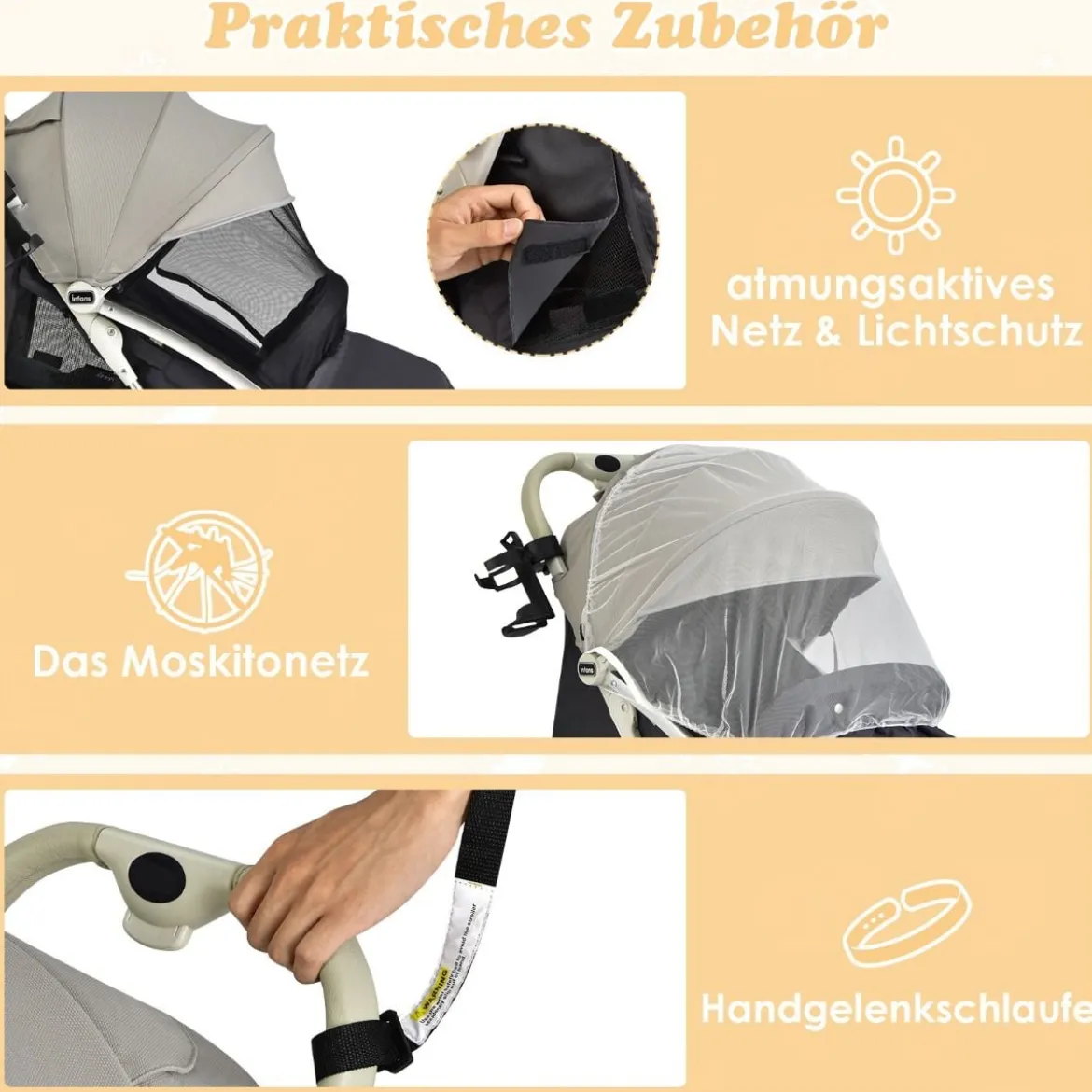 Kinderwagen faltbar Reisebuggy mit verstellbarem Rückenlehne & Verdeck Babywagen mit Becherhalter Grau