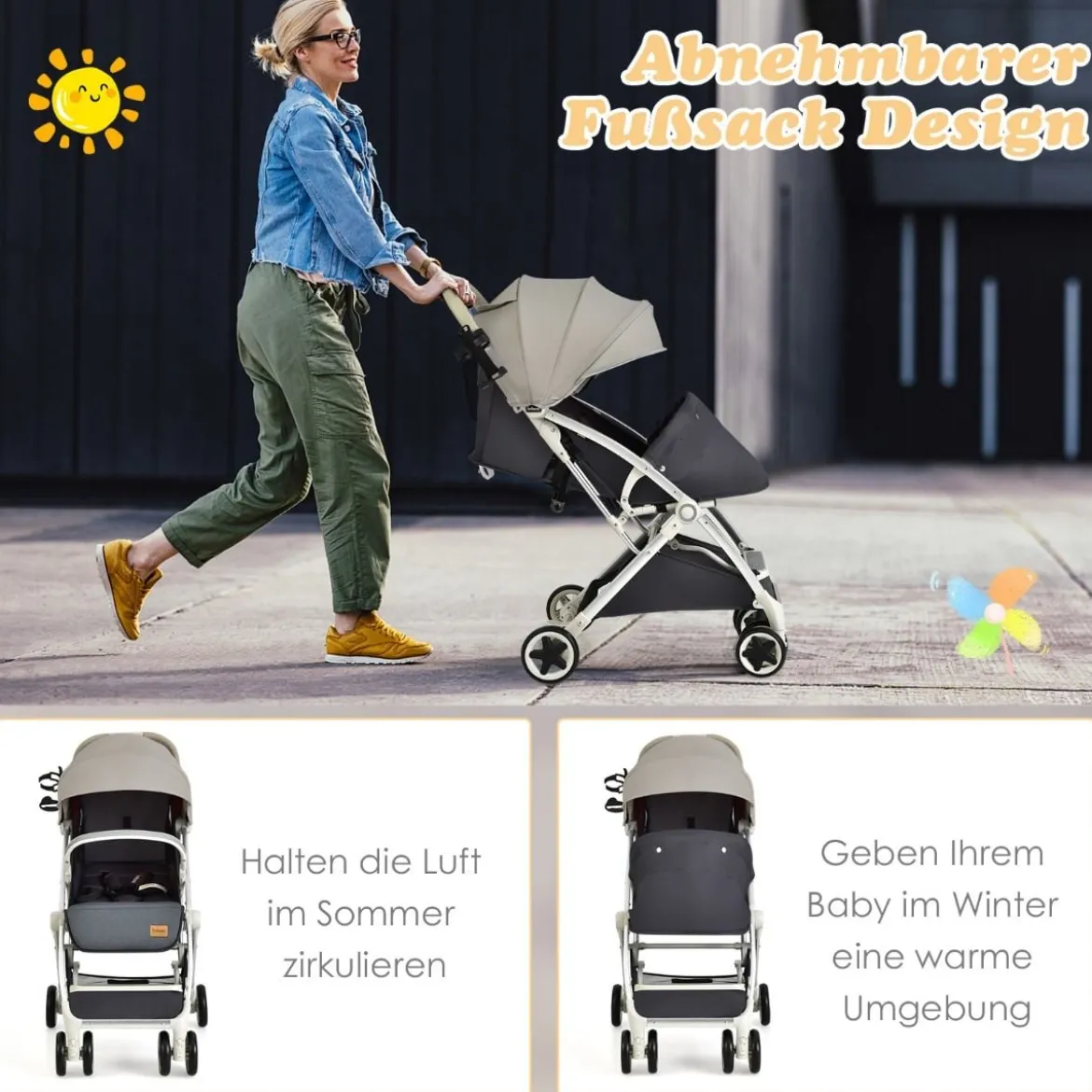 Kinderwagen faltbar Reisebuggy mit verstellbarem Rückenlehne & Verdeck Babywagen mit Becherhalter Grau