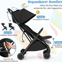 Kinderwagen klappbar Reisebuggy mit Liegefunktion Kinderbuggy tragbar mit verstellbarer Rückenlehne Schwarz