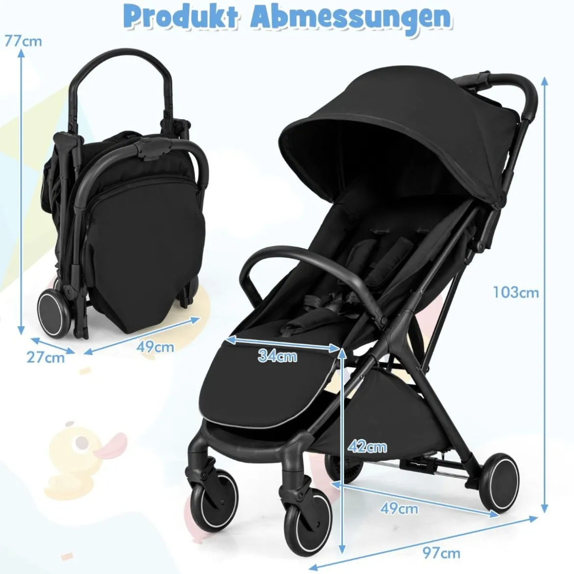 Kinderwagen klappbar Reisebuggy mit Liegefunktion Kinderbuggy tragbar mit verstellbarer Rückenlehne Schwarz