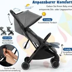 Kinderwagen klappbar Reisebuggy mit Liegefunktion Kinderbuggy tragbar mit verstellbarer Rückenlehne bis 15 kg Belastbar Grau
