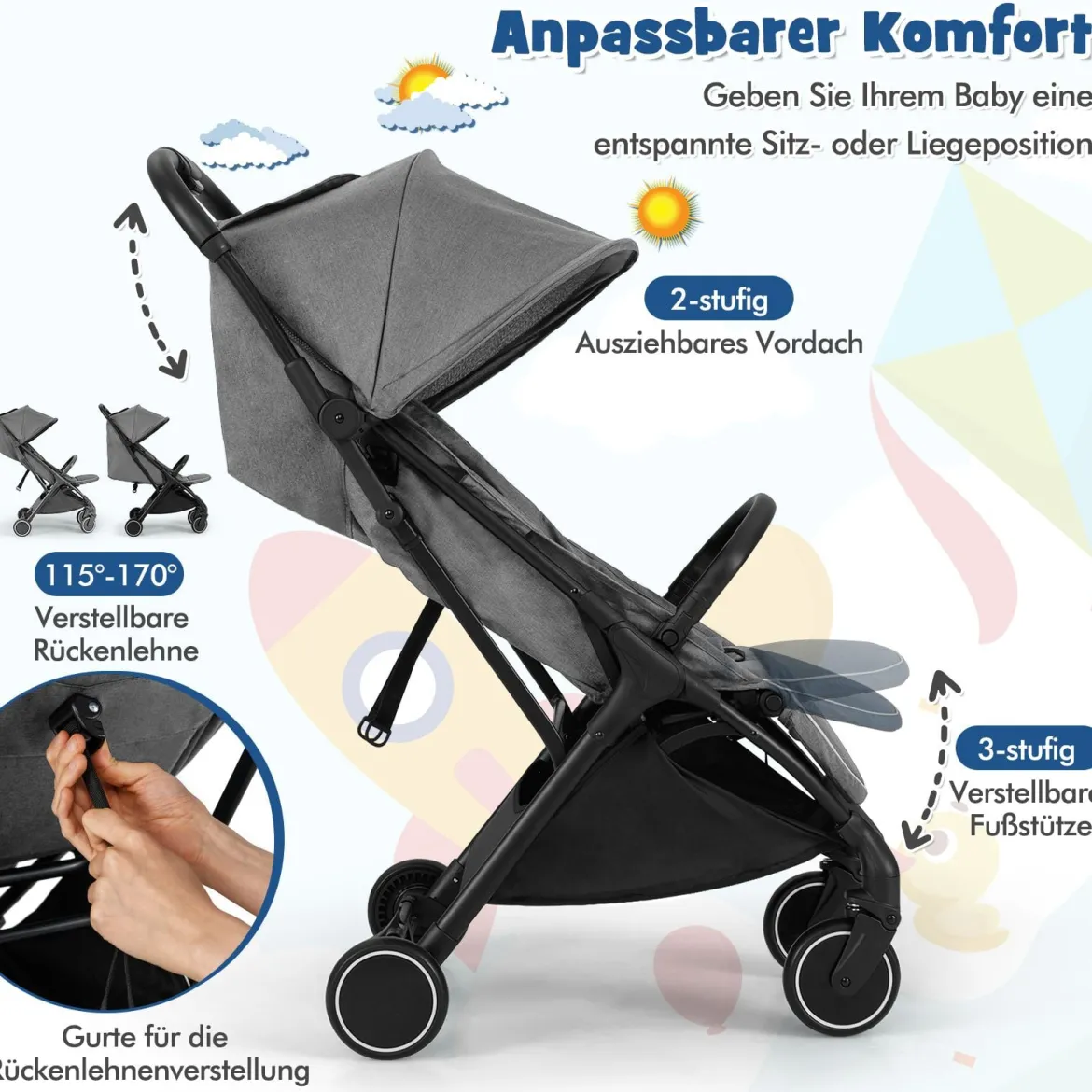 Kinderwagen klappbar Reisebuggy mit Liegefunktion Kinderbuggy tragbar mit verstellbarer Rückenlehne bis 15 kg Belastbar Grau