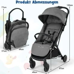 Kinderwagen klappbar Reisebuggy mit Liegefunktion Kinderbuggy tragbar mit verstellbarer Rückenlehne bis 15 kg Belastbar Grau