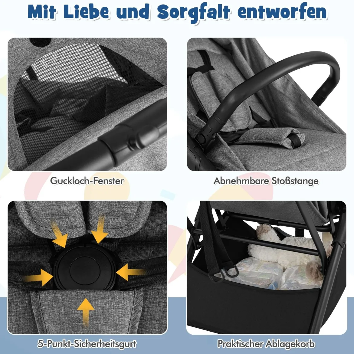 Kinderwagen klappbar Reisebuggy mit Liegefunktion Kinderbuggy tragbar mit verstellbarer Rückenlehne bis 15 kg Belastbar Grau