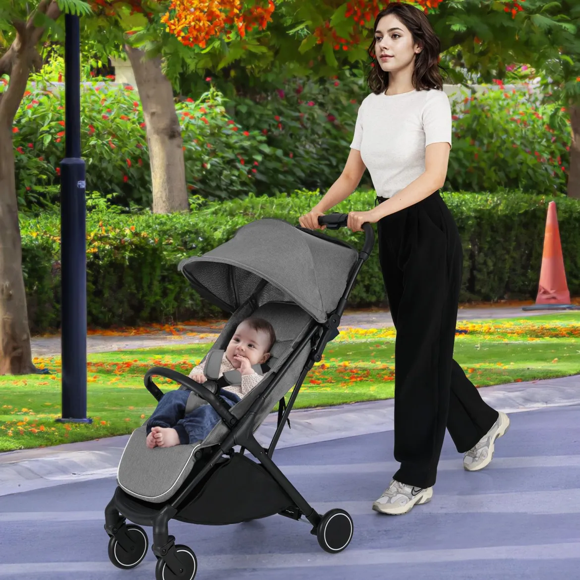 Kinderwagen klappbar Reisebuggy mit Liegefunktion Kinderbuggy tragbar mit verstellbarer Rückenlehne bis 15 kg Belastbar Grau