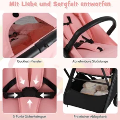 Kinderwagen klappbar Reisebuggy mit Liegefunktion Kinderbuggy tragbar mit verstellbarer Rückenlehnebis 15 kg Belastbar Rosa