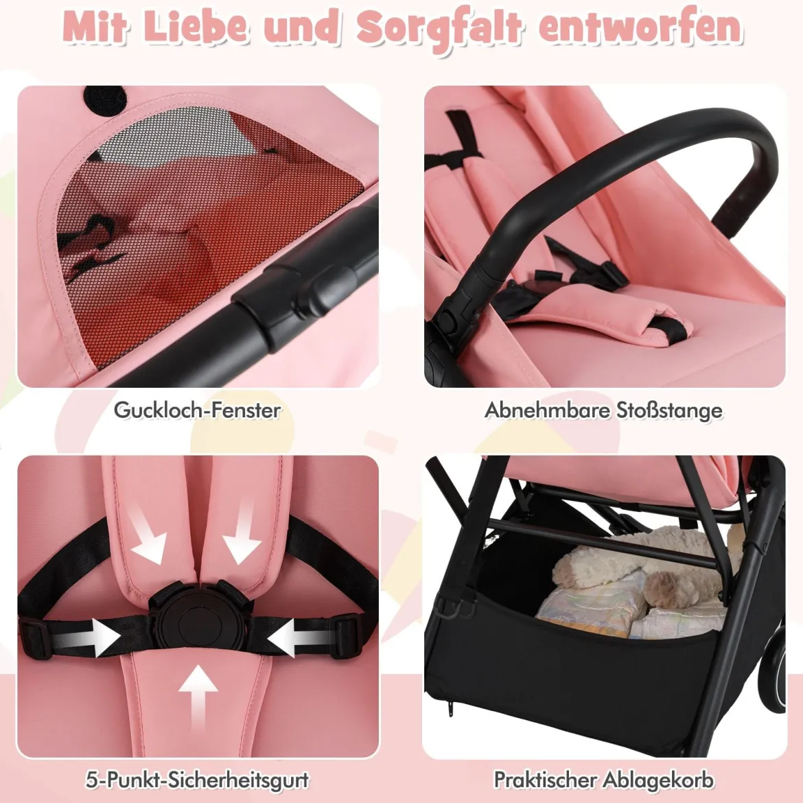 Kinderwagen klappbar Reisebuggy mit Liegefunktion Kinderbuggy tragbar mit verstellbarer Rückenlehnebis 15 kg Belastbar Rosa
