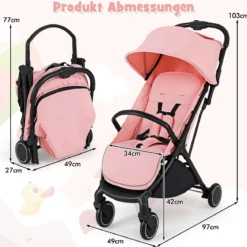 Kinderwagen klappbar Reisebuggy mit Liegefunktion Kinderbuggy tragbar mit verstellbarer Rückenlehnebis 15 kg Belastbar Rosa