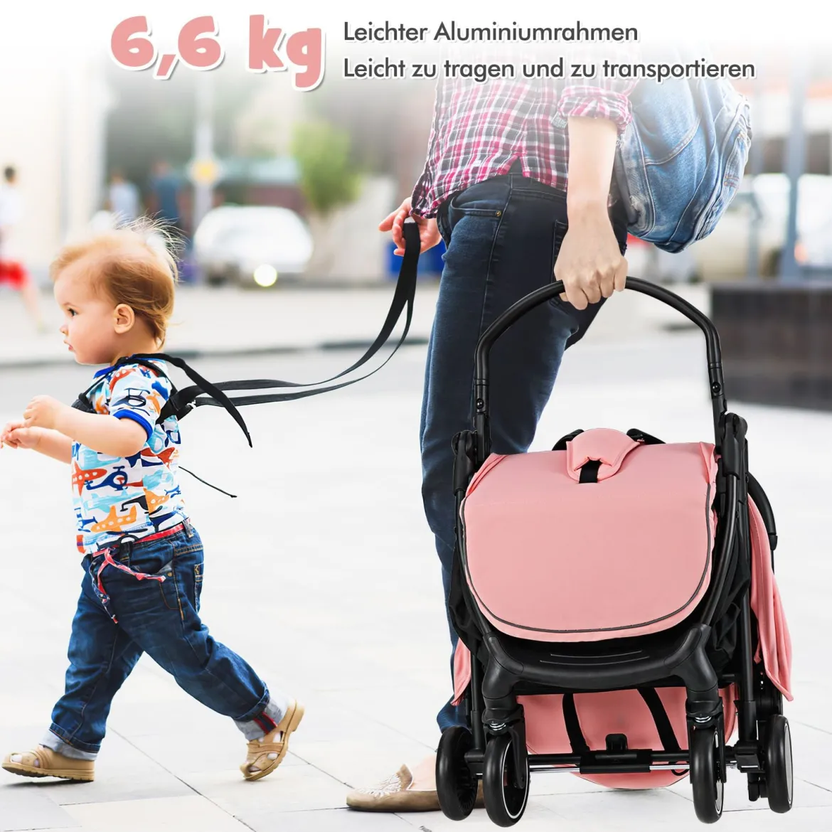 Kinderwagen klappbar Reisebuggy mit Liegefunktion Kinderbuggy tragbar mit verstellbarer Rückenlehnebis 15 kg Belastbar Rosa