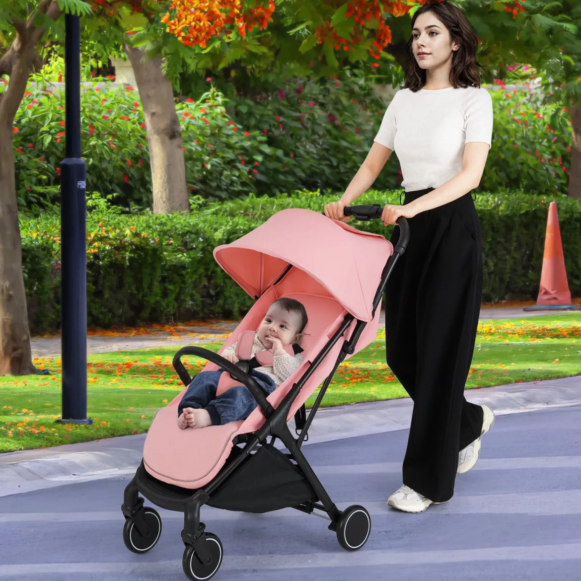 Kinderwagen klappbar Reisebuggy mit Liegefunktion Kinderbuggy tragbar mit verstellbarer Rückenlehnebis 15 kg Belastbar Rosa