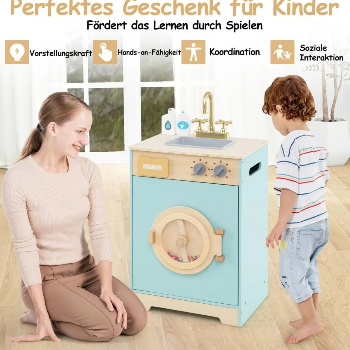 Kinder Waschmaschine mit Waschmittel Holz Spielzeug-Waschmaschine Wäscherei-Küchenset mit Spüle