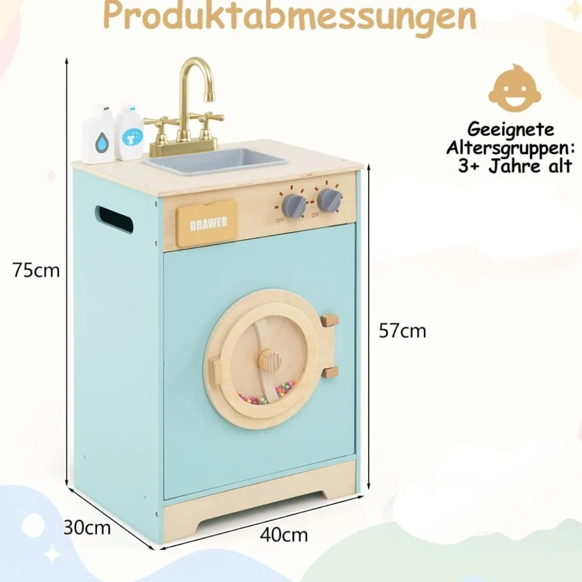 Kinder Waschmaschine mit Waschmittel Holz Spielzeug-Waschmaschine Wäscherei-Küchenset mit Spüle