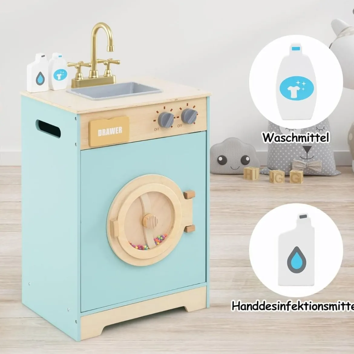 Kinder Waschmaschine mit Waschmittel Holz Spielzeug-Waschmaschine Wäscherei-Küchenset mit Spüle