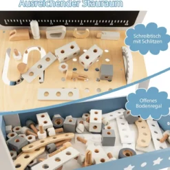 Kinder Werkbank aus Holz mit Tafel & Uhr & 61 Zubehören für Kinder ab 3 Jahren Blau