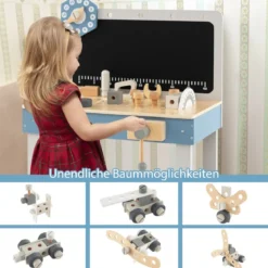 Kinder Werkbank aus Holz mit Tafel & Uhr & 61 Zubehören für Kinder ab 3 Jahren Blau