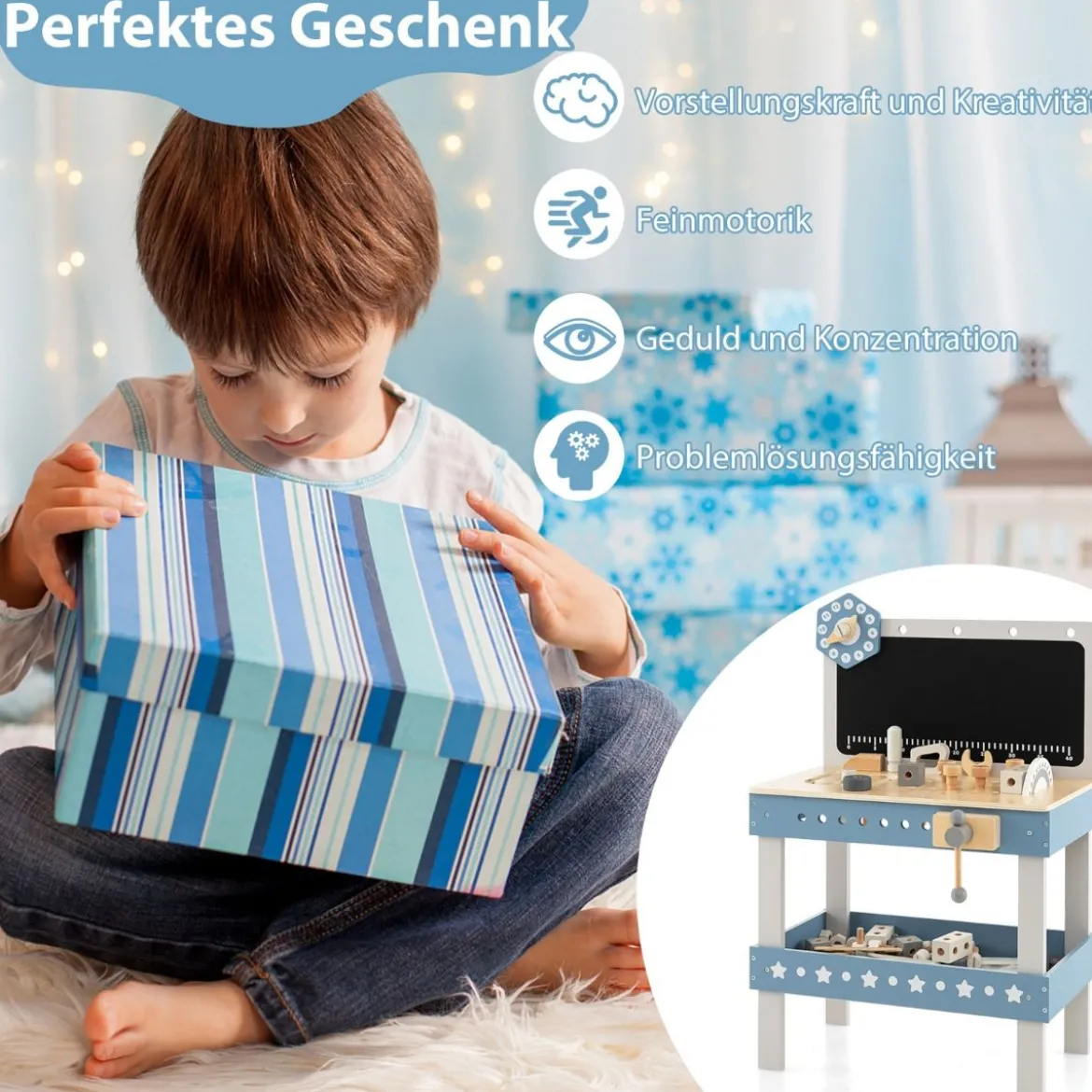 Kinder Werkbank aus Holz mit Tafel & Uhr & 61 Zubehören für Kinder ab 3 Jahren Blau