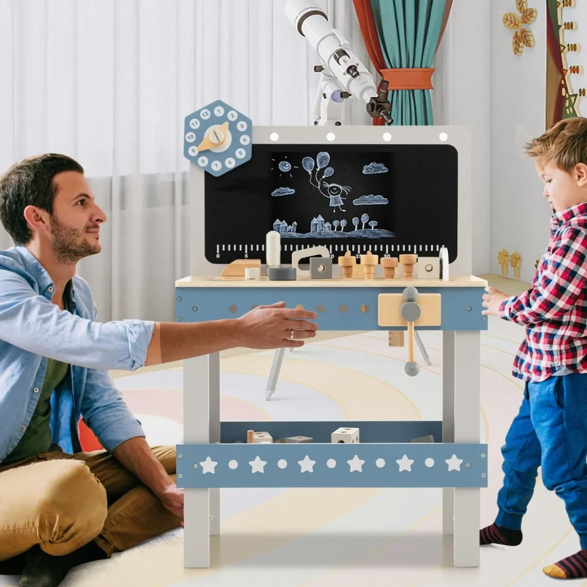 Kinder Werkbank aus Holz mit Tafel & Uhr & 61 Zubehören für Kinder ab 3 Jahren Blau