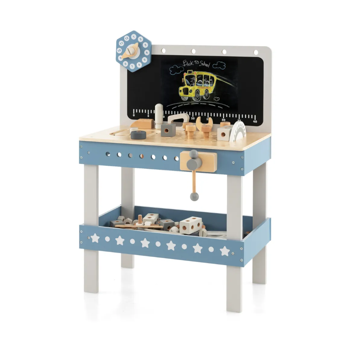 Kinder Werkbank aus Holz mit Tafel & Uhr & 61 Zubehören für Kinder ab 3 Jahren Blau