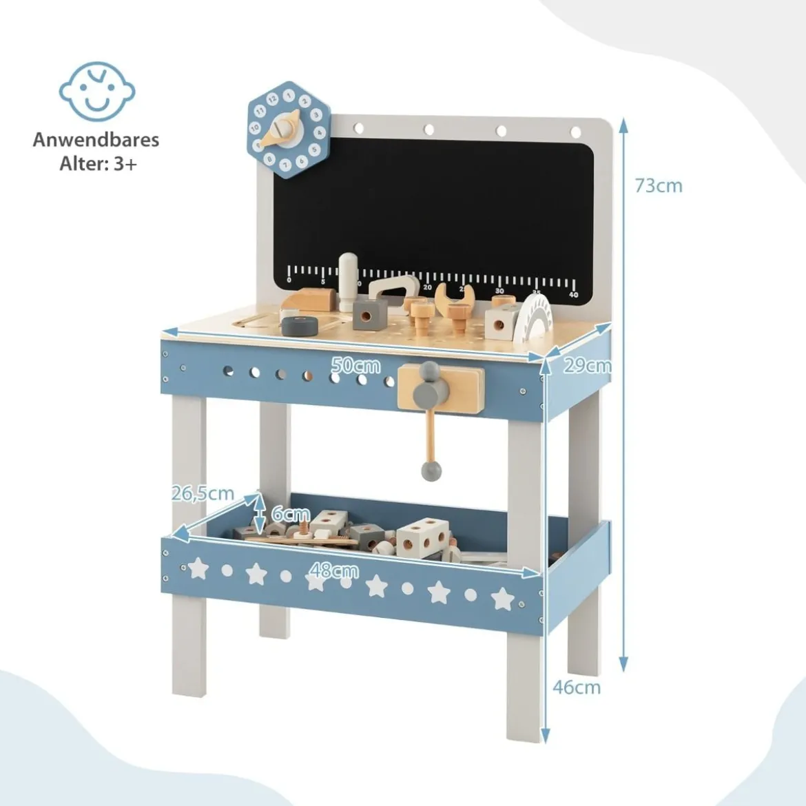 Kinder Werkbank aus Holz mit Tafel & Uhr & 61 Zubehören für Kinder ab 3 Jahren Blau