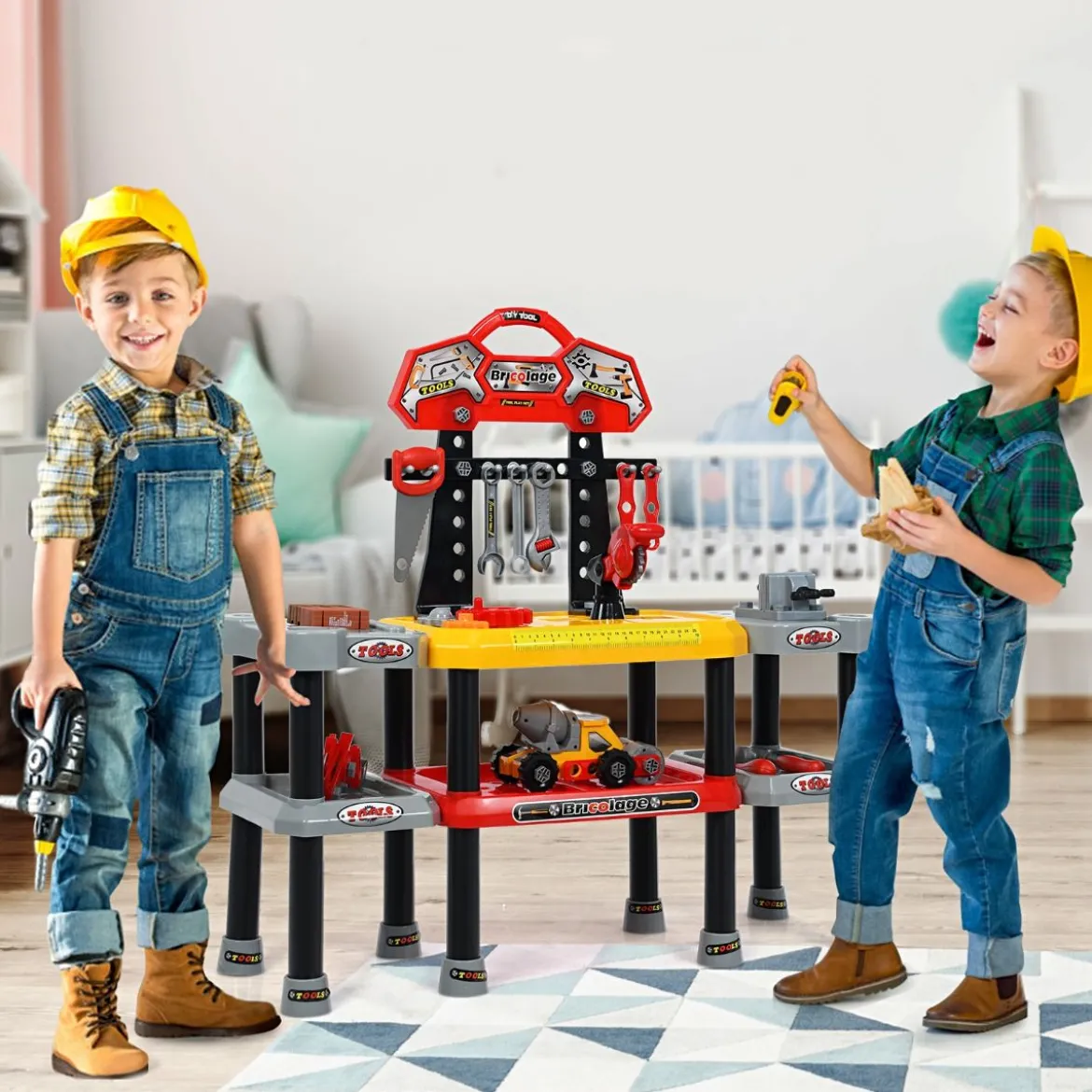 Kinder Werkbank Set Kinder Rollenspiel Bank mit Haken Werkzeugbank 85,5 x 30,5 x 83 cm Bunt