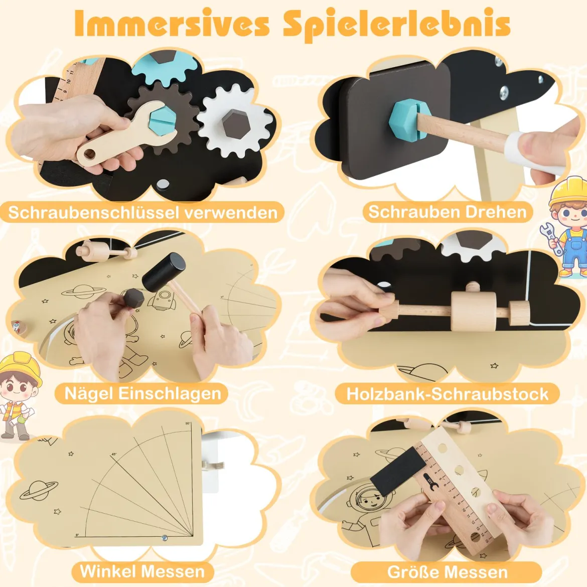 Kinder Werkbank Set mit Tafel Montessori Spielzeug zum Nachspielen Werkstatt-Spielzeug