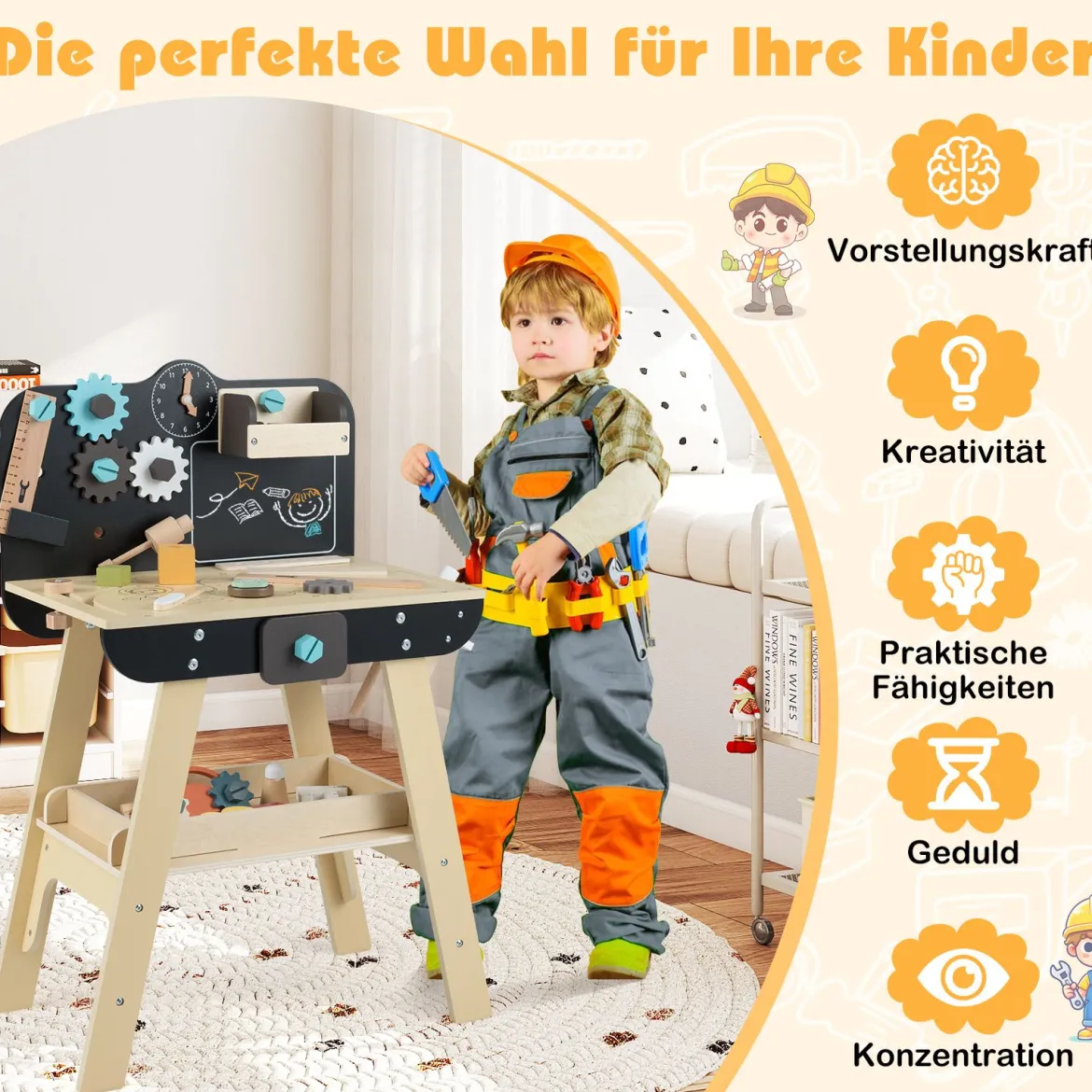 Kinder Werkbank Set mit Tafel Montessori Spielzeug zum Nachspielen Werkstatt-Spielzeug
