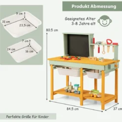 Kinder Werkzeugbank aus Holz mit Tafel & 2 Aufbewahrungsboxen & 16 Zubehören Spielwerkbank