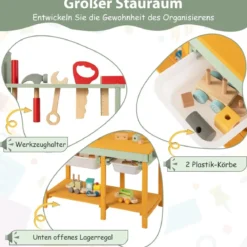 Kinder Werkzeugbank aus Holz mit Tafel & 2 Aufbewahrungsboxen & 16 Zubehören Spielwerkbank