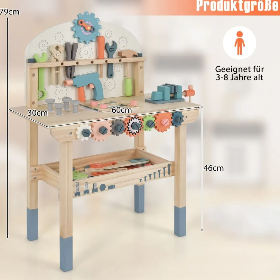 Kinder Werkzeugbank aus Holz mit Magnetischem Gestell & Werkzeugset 60 x 30 x 79 cm