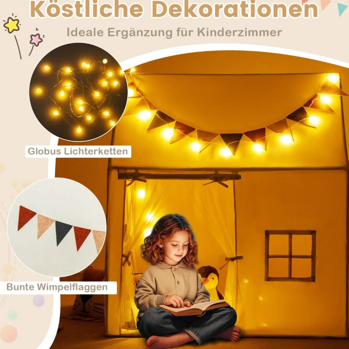 Kinderzelt für Drinnen Spielhaus Kinder Indoor mit rutschfeste Matte Spielzelt Kinderzimmer Zelt Beige