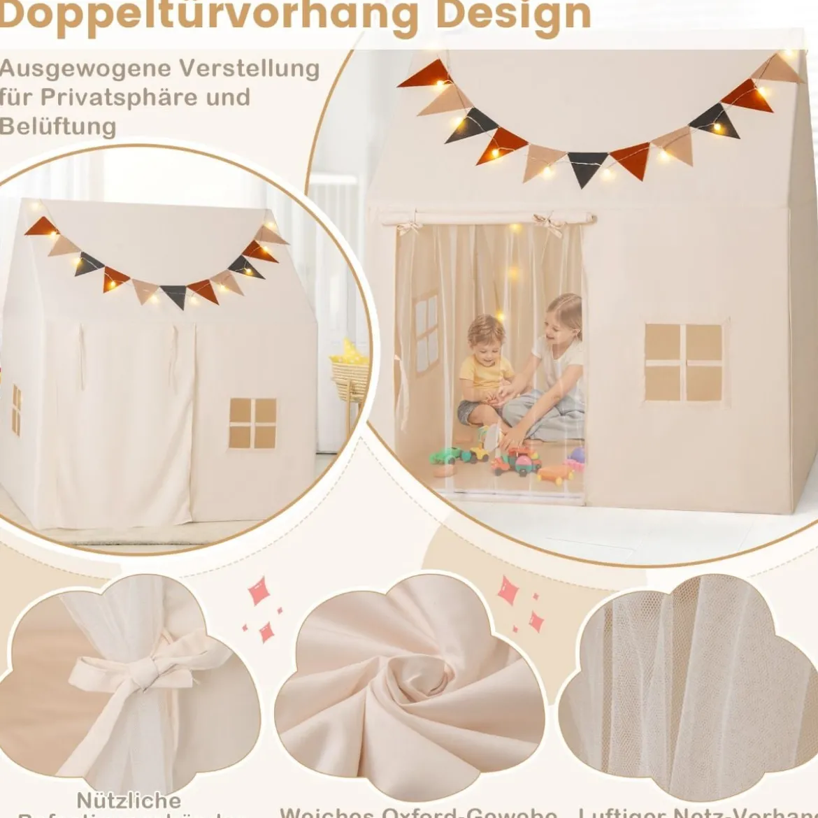 Kinderzelt für Drinnen Spielhaus Kinder Indoor mit rutschfeste Matte Spielzelt Kinderzimmer Zelt Beige