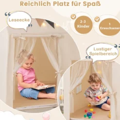 Kinderzelt für Drinnen Spielhaus Kinder Indoor mit rutschfeste Matte Spielzelt Kinderzimmer Zelt Beige