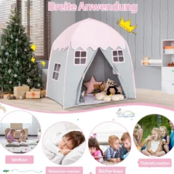 Kinderzelt Großes Prinzessinnenzelt mit Tragetasche Anti-Rutsch-Matte Reißverschluss Rosa