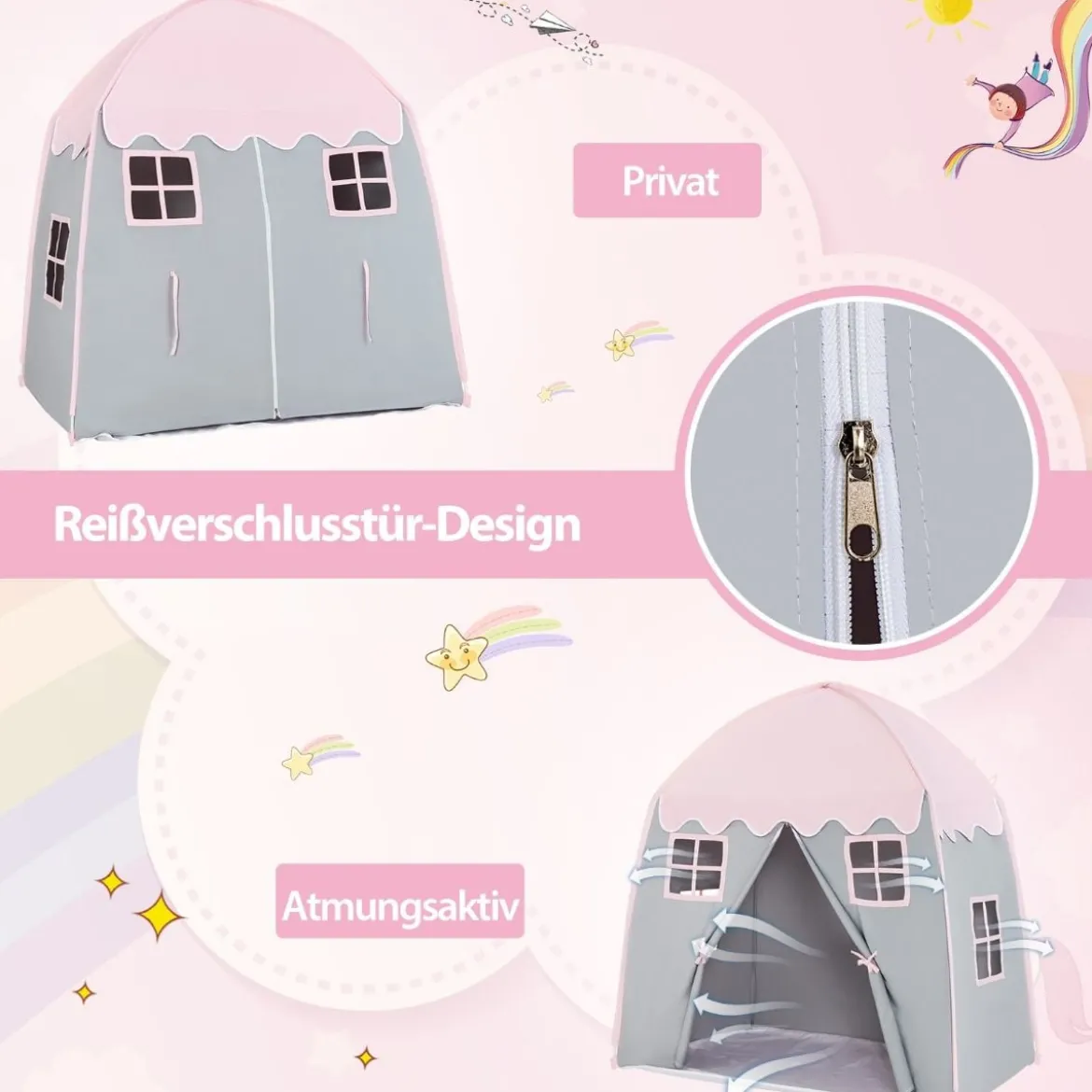 Kinderzelt Großes Prinzessinnenzelt mit Tragetasche Anti-Rutsch-Matte Reißverschluss Rosa