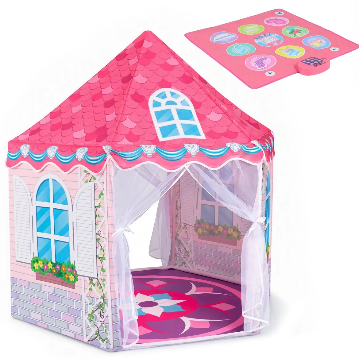Kinderzelt im Prinzessinnenburg-Design für Kinder ab 3 jahren Spielzelt mit Vorhängen & Tanzmatte Rosa