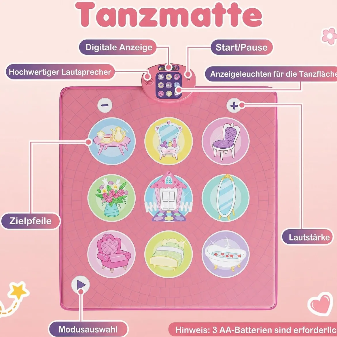 Kinderzelt im Prinzessinnenburg-Design für Kinder ab 3 jahren Spielzelt mit Vorhängen & Tanzmatte Rosa