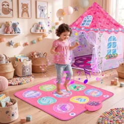 Kinderzelt im Prinzessinnenburg-Design für Kinder ab 3 jahren Spielzelt mit Vorhängen & Tanzmatte Rosa