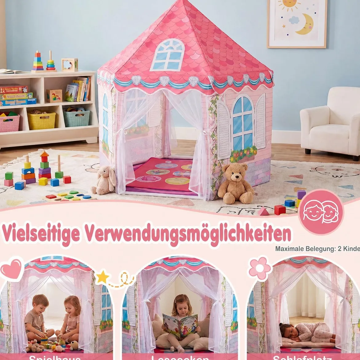 Kinderzelt im Prinzessinnenburg-Design für Kinder ab 3 jahren Spielzelt mit Vorhängen & Tanzmatte Rosa