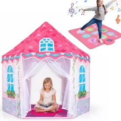 Kinderzelt im Prinzessinnenburg-Design für Kinder ab 3 jahren Spielzelt mit Vorhängen & Tanzmatte Rosa