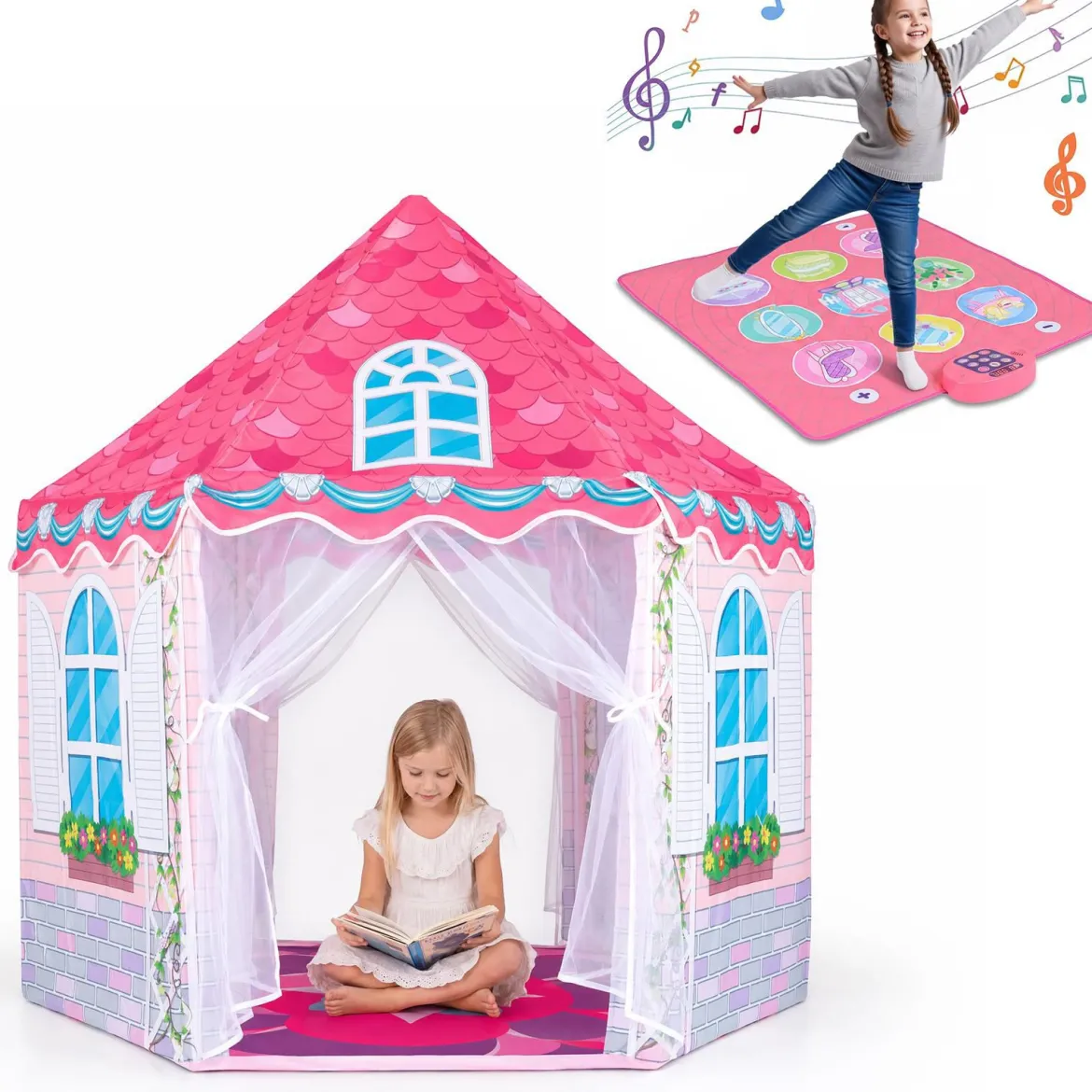 Kinderzelt im Prinzessinnenburg-Design für Kinder ab 3 jahren Spielzelt mit Vorhängen & Tanzmatte Rosa