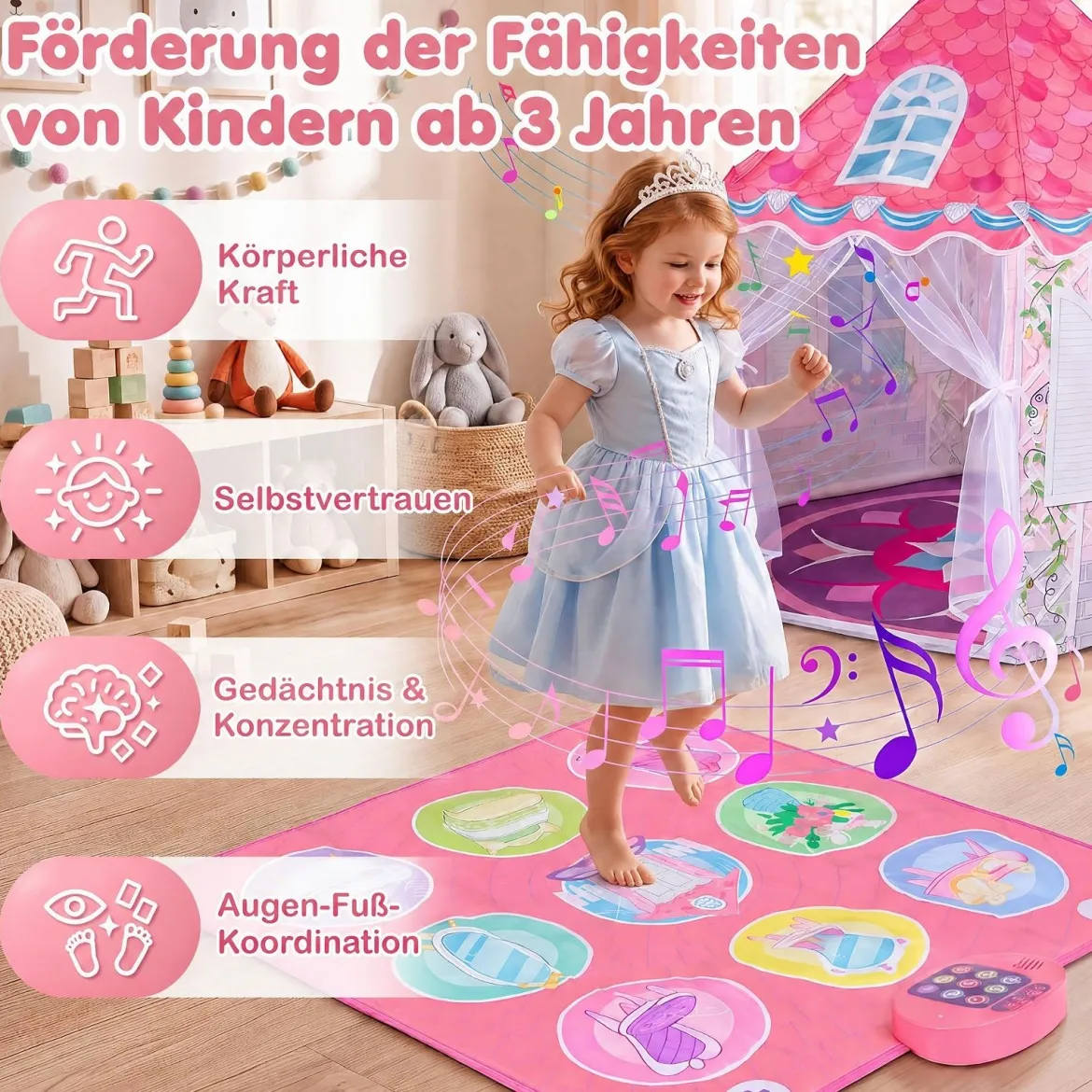 Kinderzelt im Prinzessinnenburg-Design für Kinder ab 3 jahren Spielzelt mit Vorhängen & Tanzmatte Rosa