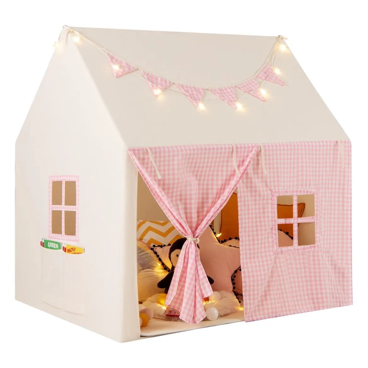 Kinderzelt mit Matte & Lichtern & Flaggenbanner & Fenstern Kinder Spielhaus Spielzelt Rosa