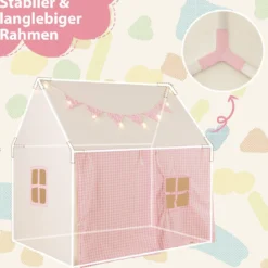 Kinderzelt mit Matte & Lichtern & Flaggenbanner & Fenstern Kinder Spielhaus Spielzelt Rosa