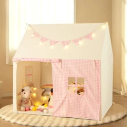 Kinderzelt mit Matte & Lichtern & Flaggenbanner & Fenstern Kinder Spielhaus Spielzelt Rosa
