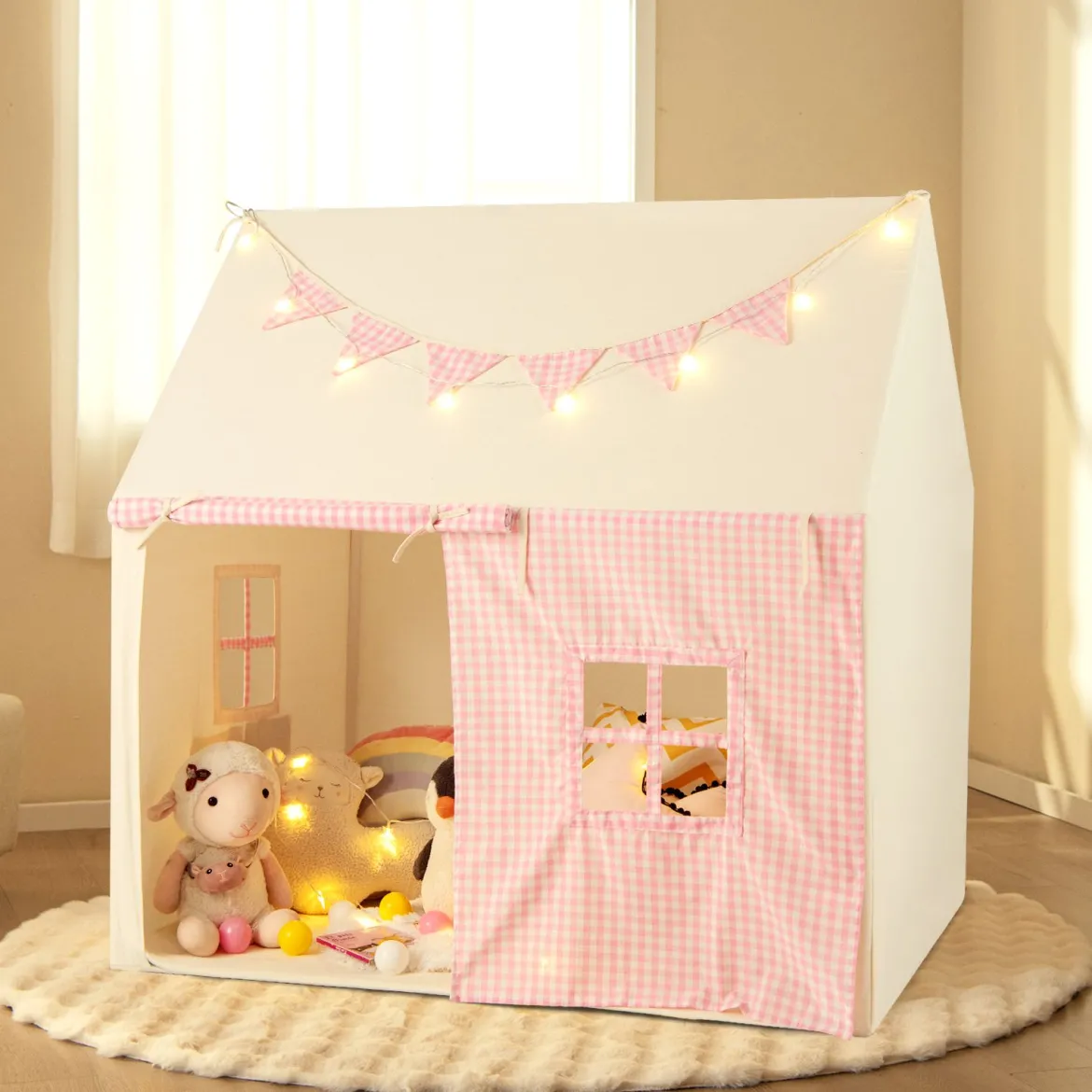 Kinderzelt mit Matte & Lichtern & Flaggenbanner & Fenstern Kinder Spielhaus Spielzelt Rosa