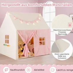 Kinderzelt mit Matte & Lichtern & Flaggenbanner & Fenstern Kinder Spielhaus Spielzelt Rosa