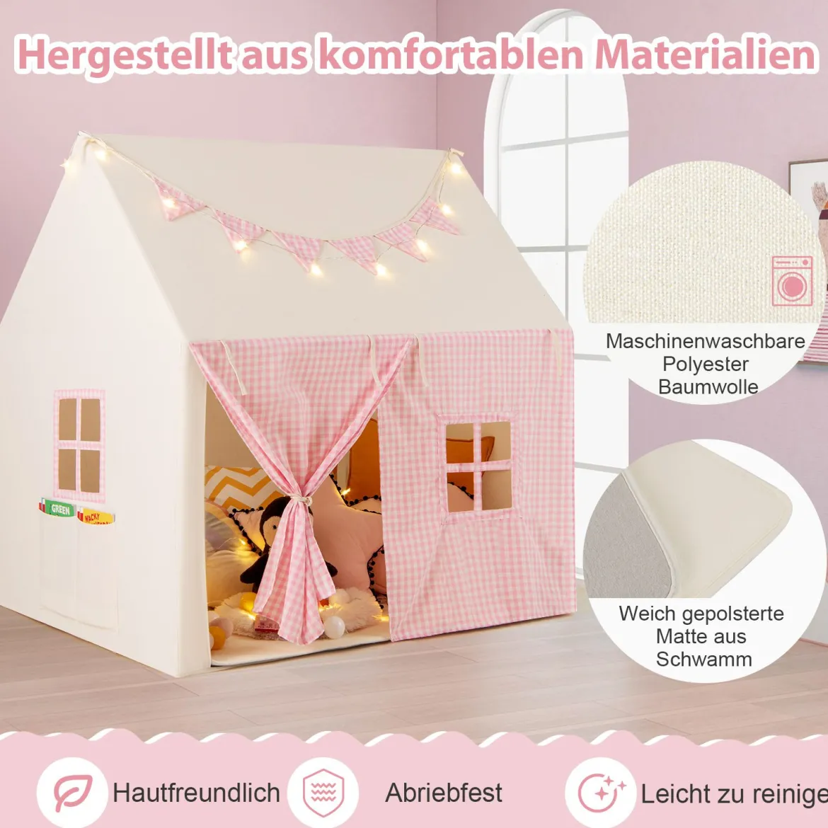 Kinderzelt mit Matte & Lichtern & Flaggenbanner & Fenstern Kinder Spielhaus Spielzelt Rosa