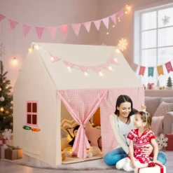 Kinderzelt mit Matte & Lichtern & Flaggenbanner & Fenstern Kinder Spielhaus Spielzelt Rosa
